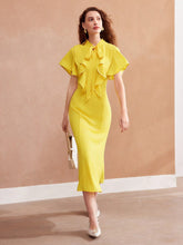 MOTF PREMIUM WOVEN TIE NECK RUFFLE TRIM DRESS FOR WOMEN